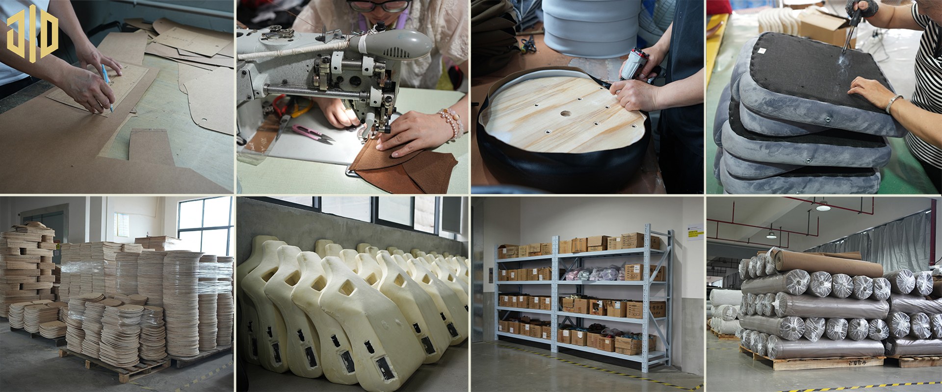 OEM chair manufacturing process in Anji, China, featuring raw material inspection, precision cutting, sewing, upholstery, assembly, and quality control for dining chairs, bar stools, lounge chairs, and recliners.