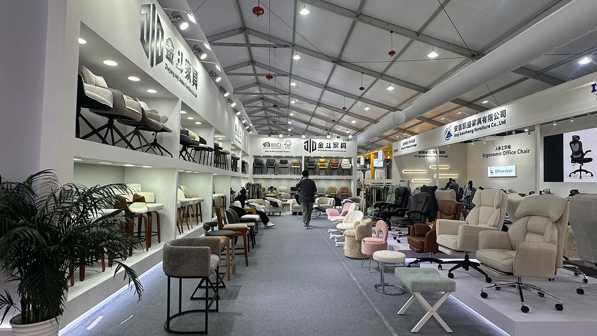 Dining chairs and bar stools displayed at Kinton Furniture exhibition booth