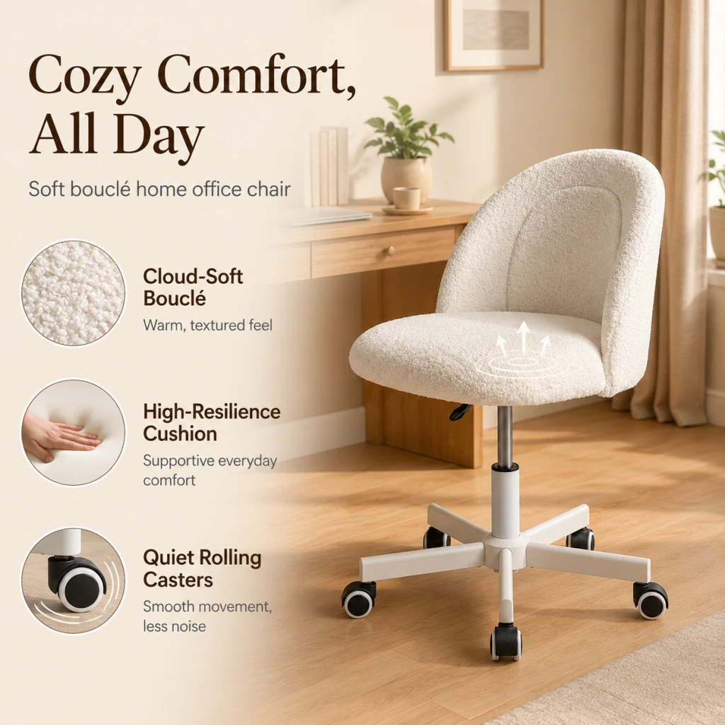 Bouclé Home Office Chair with 360° Swivel & Adjustable Height Bouclé Home Office Chair with 360° Swivel & Adjustable Height
