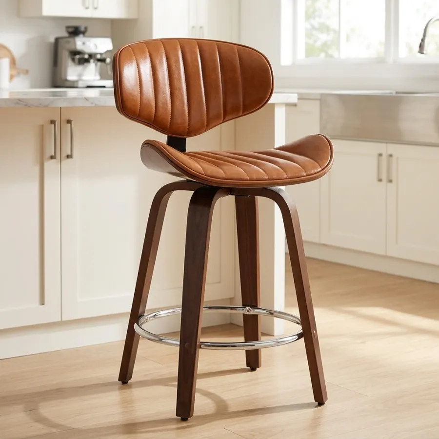 Bentwood PU Leather Bar Stool with Footrest and Backrest