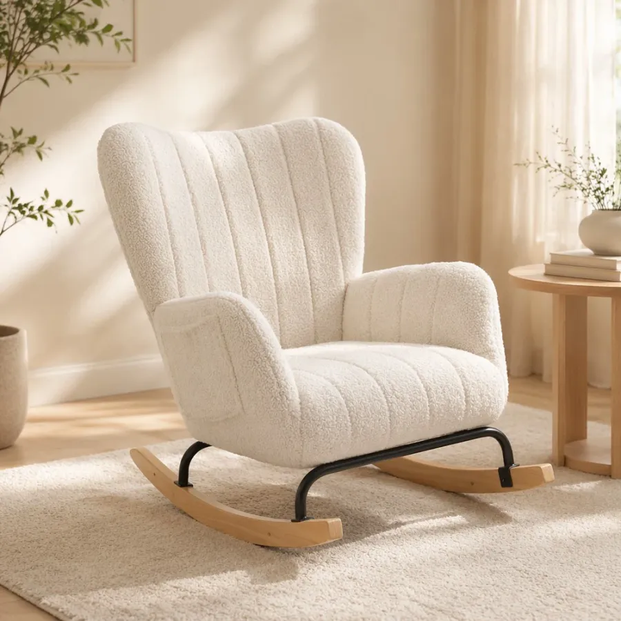 Boucle Lounge Chair with Solid Wood Rocking Base