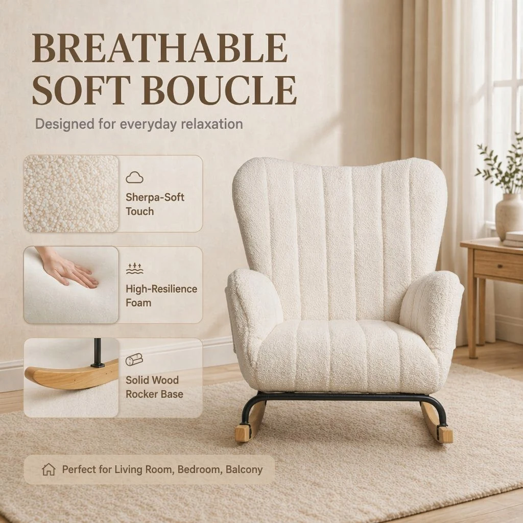 Boucle Lounge Chair with Solid Wood Rocking Base Boucle Lounge Chair with Solid Wood Rocking Base