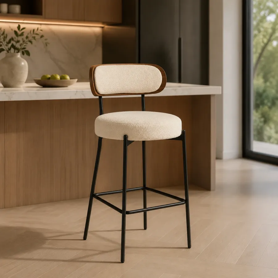 Boucle Upholstered Bar Stool with Curved Backrest