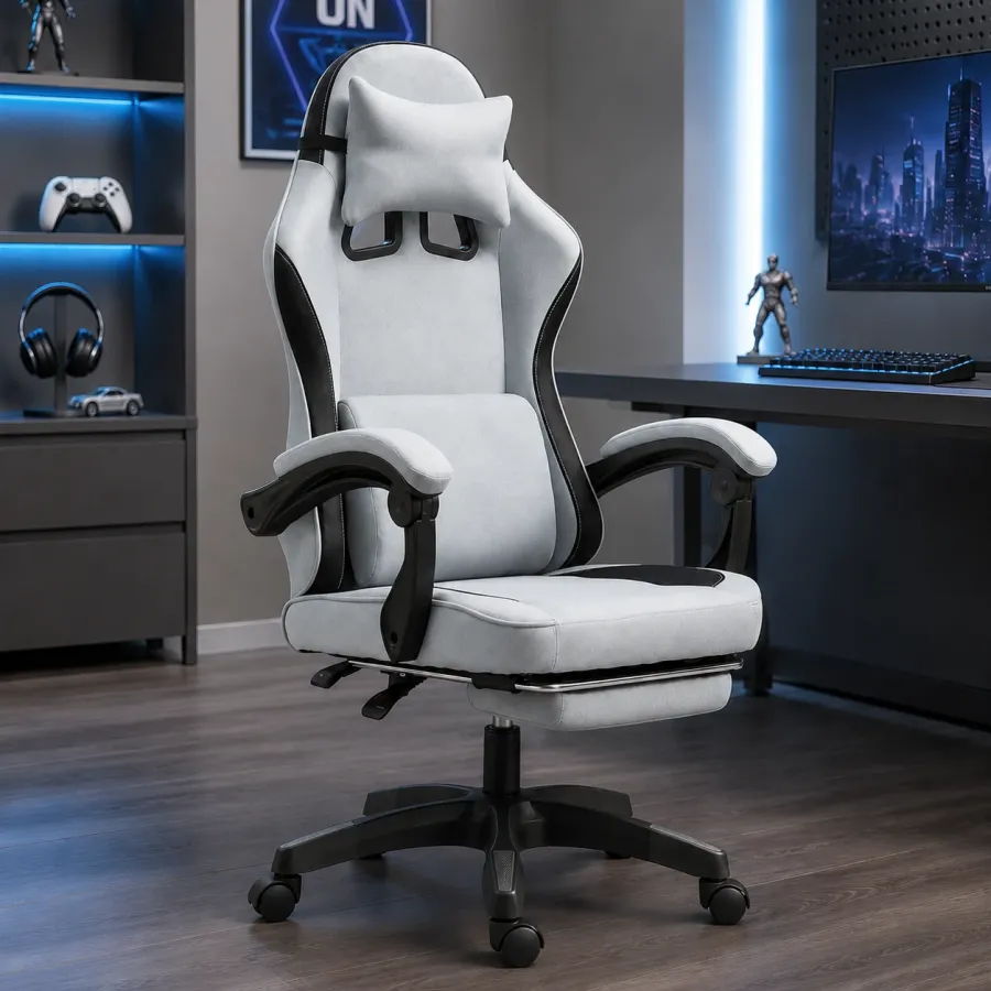 Ergonomic Fabric Gaming Chair with Footrest and Recline
