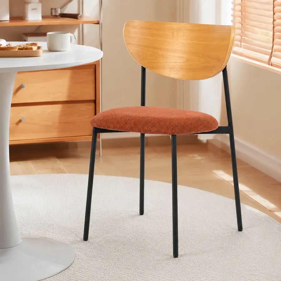 Modern Linen Dining Chair with Curved Wood Backrest