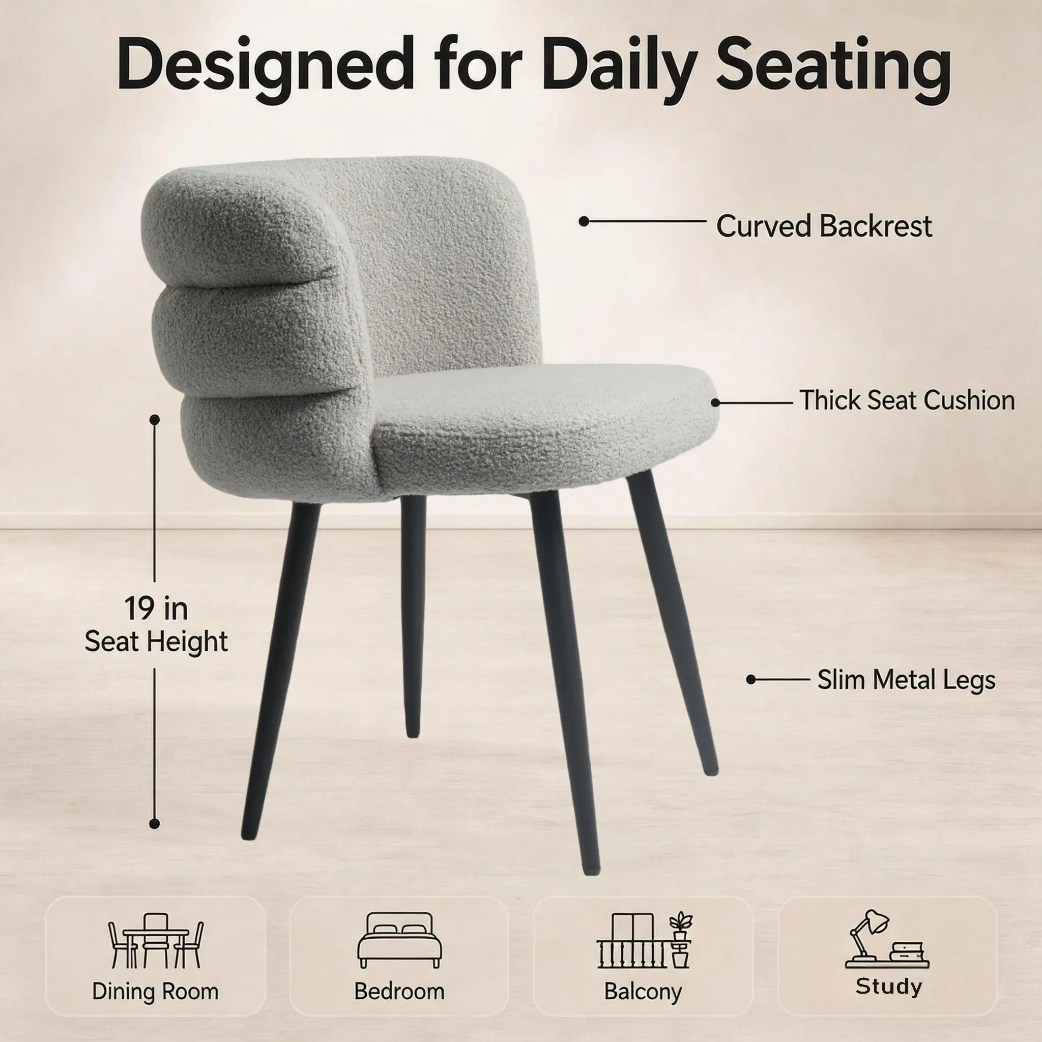Modern Boucle Upholstered Dining Chair with Curved Backrest Modern Boucle Upholstered Dining Chair with Curved Backrest