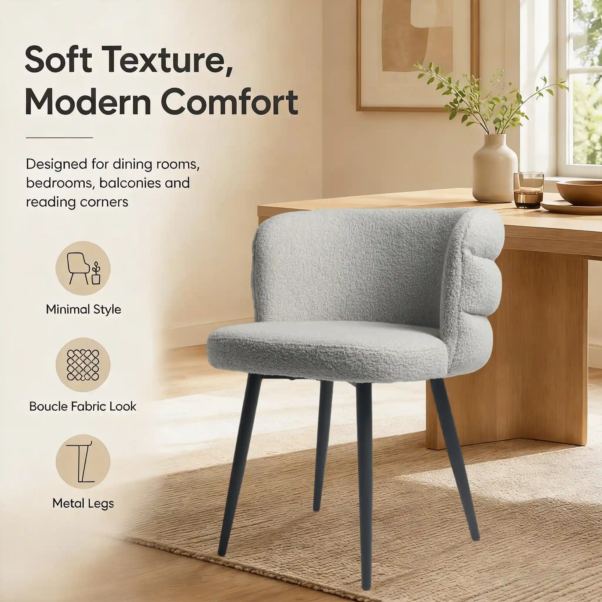 Modern Boucle Upholstered Dining Chair with Curved Backrest Modern Boucle Upholstered Dining Chair with Curved Backrest