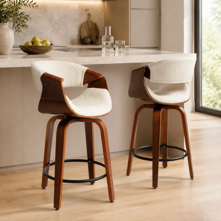Modern Boucle Upholstered Swivel Bar Stool with Bentwood Frame