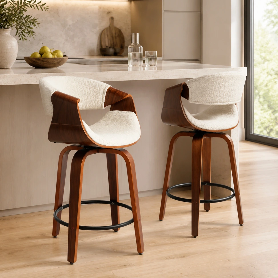 Modern Boucle Upholstered Swivel Bar Stool with Bentwood Frame Modern Boucle Upholstered Swivel Bar Stool with Bentwood Frame