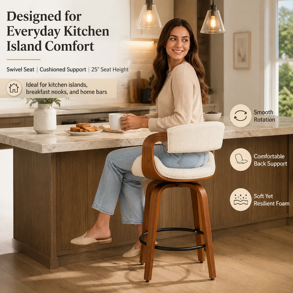 Modern Boucle Upholstered Swivel Bar Stool with Bentwood Frame Modern Boucle Upholstered Swivel Bar Stool with Bentwood Frame