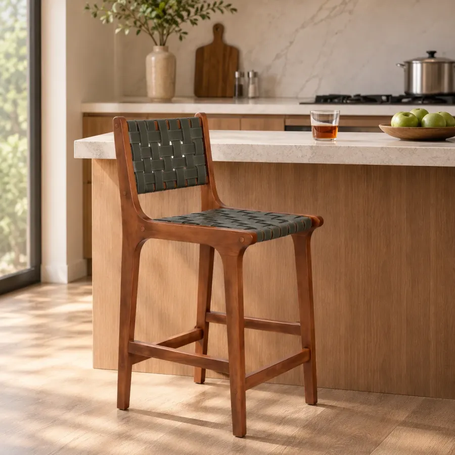 Modern Faux Leather Woven Counter Height Bar Stool