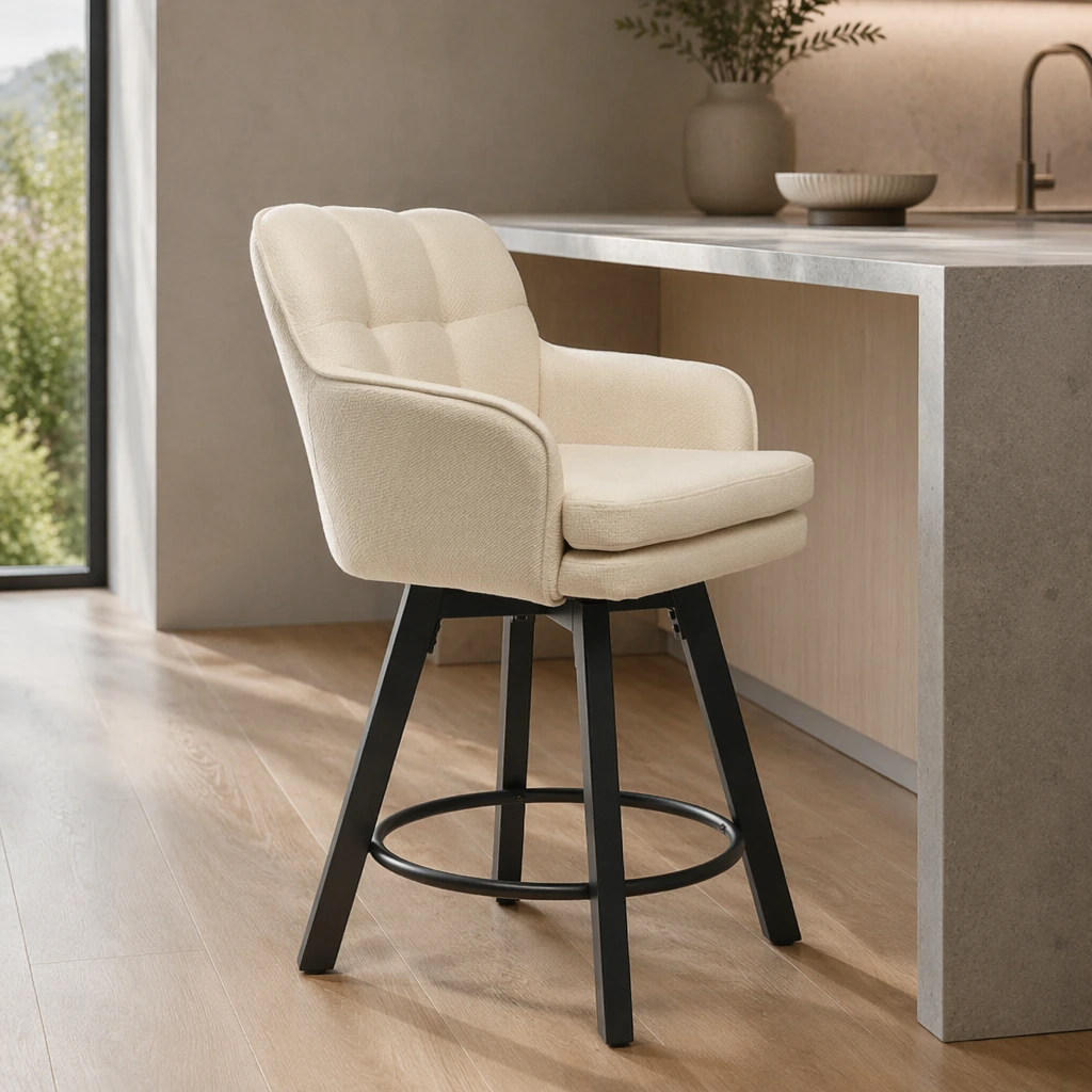 Modern Linen Upholstered Bar Stool with Arms & Metal Legs Modern Linen Upholstered Bar Stool with Arms & Metal Legs