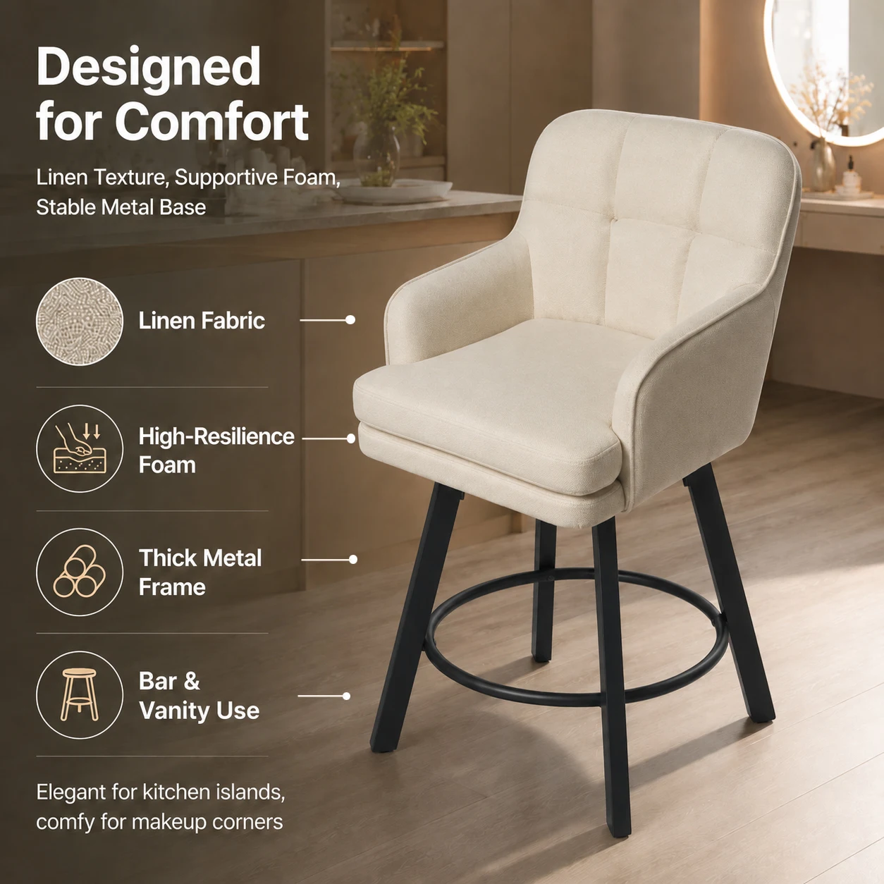 Modern Linen Upholstered Bar Stool with Arms & Metal Legs Modern Linen Upholstered Bar Stool with Arms & Metal Legs