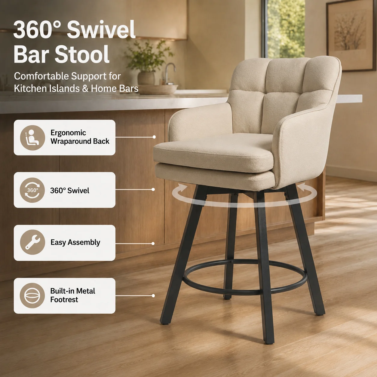 Modern Linen Upholstered Bar Stool with Arms & Metal Legs Modern Linen Upholstered Bar Stool with Arms & Metal Legs
