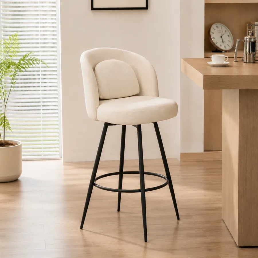 Modern Linen Swivel Bar Stool with Footrest & Metal Legs