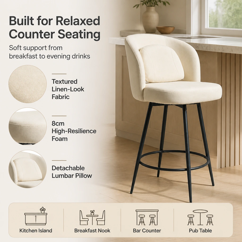 Modern Linen Swivel Bar Stool with Footrest & Metal Legs Modern Linen Swivel Bar Stool with Footrest & Metal Legs