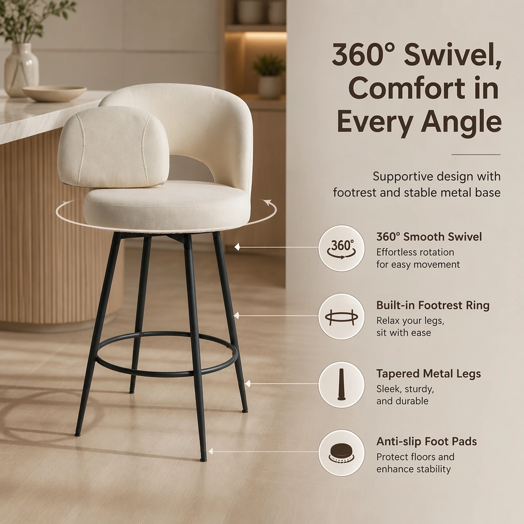 Modern Linen Swivel Bar Stool with Footrest & Metal Legs Modern Linen Swivel Bar Stool with Footrest & Metal Legs