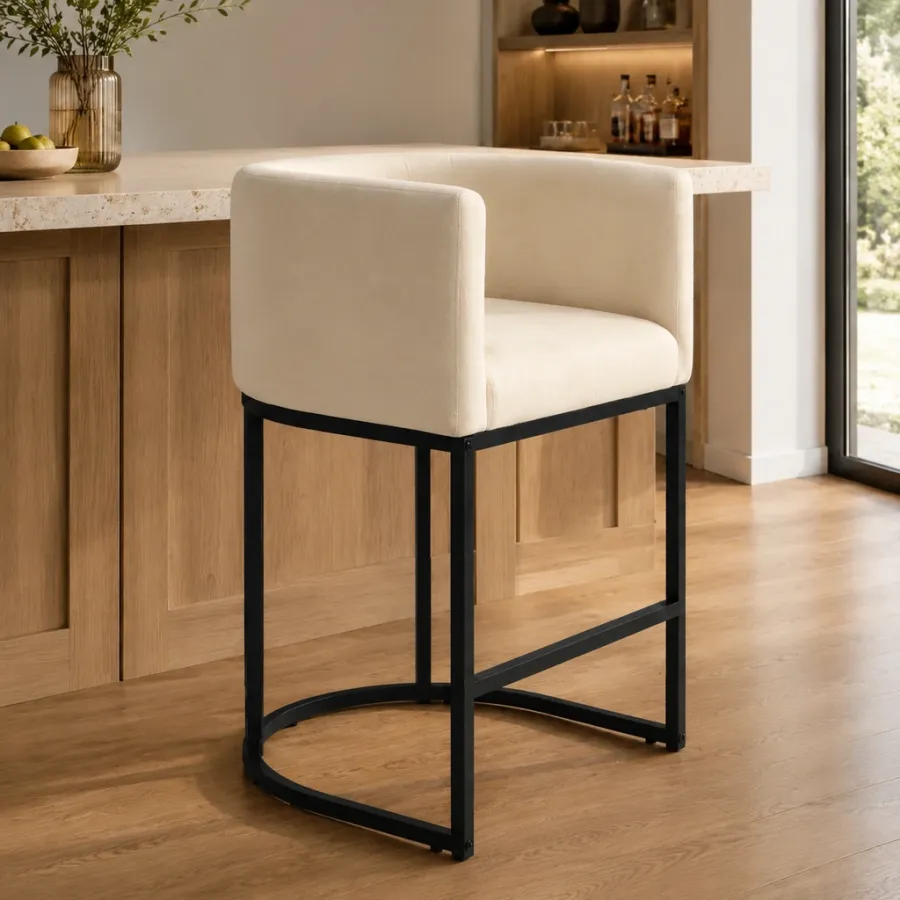 Modern Linen Upholstered Bar Stool with Metal Frame 26 Inch