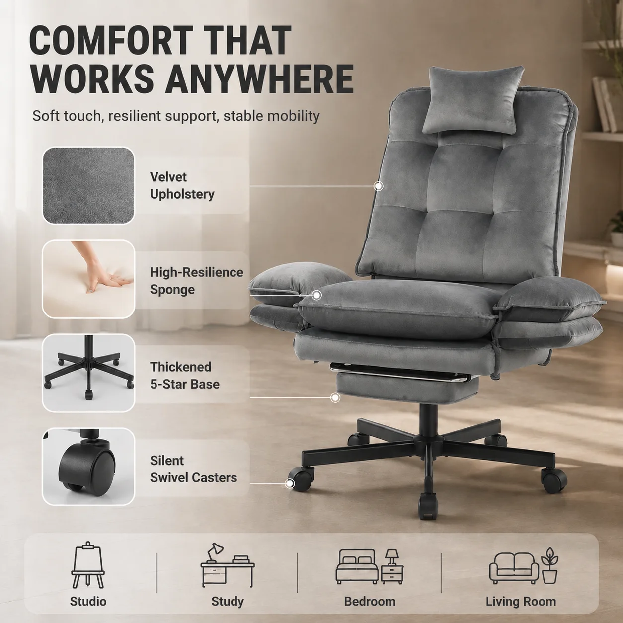 Modern Velvet Cross-Leg Office Chair, Adjustable Height Modern Velvet Cross-Leg Office Chair, Adjustable Height