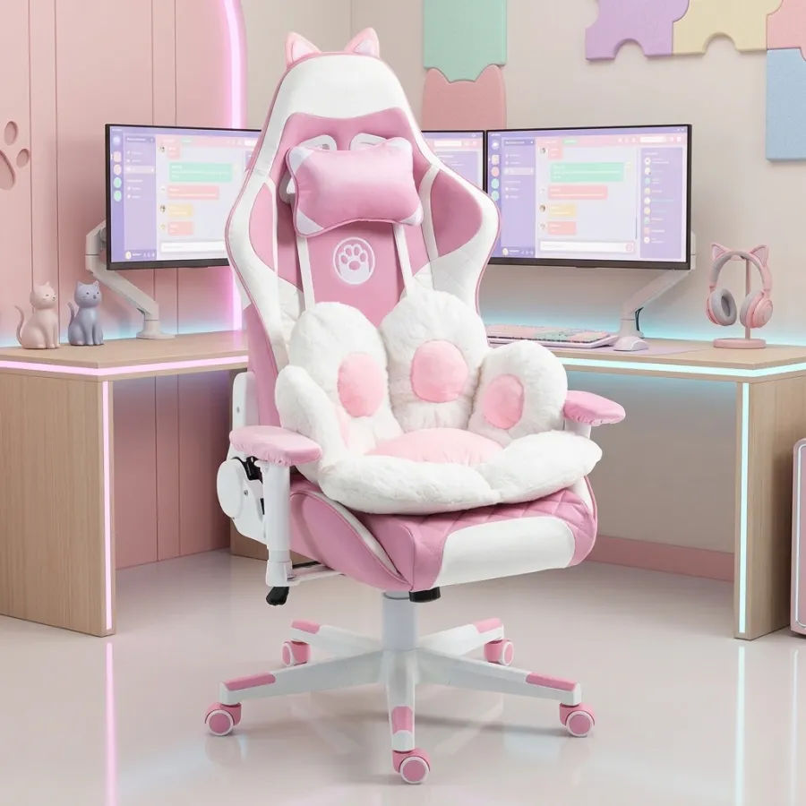 Pink Cat Ear PU Leather Gaming Chair with Reclining Function