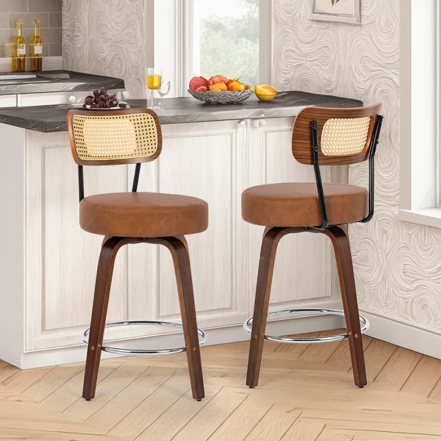 PU Leather Rattan Back Bar Stool with Bentwood Legs