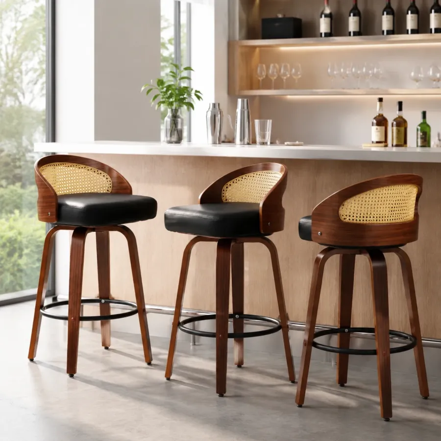 Rattan Back Counter Height Bar Stool with PU Leather Seat