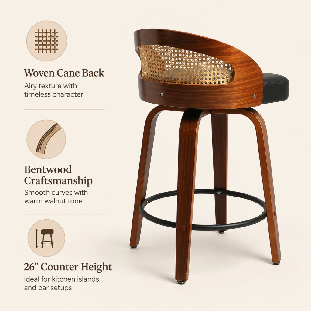 Rattan Back Counter Height Bar Stool with PU Leather Seat Rattan Back Counter Height Bar Stool with PU Leather Seat