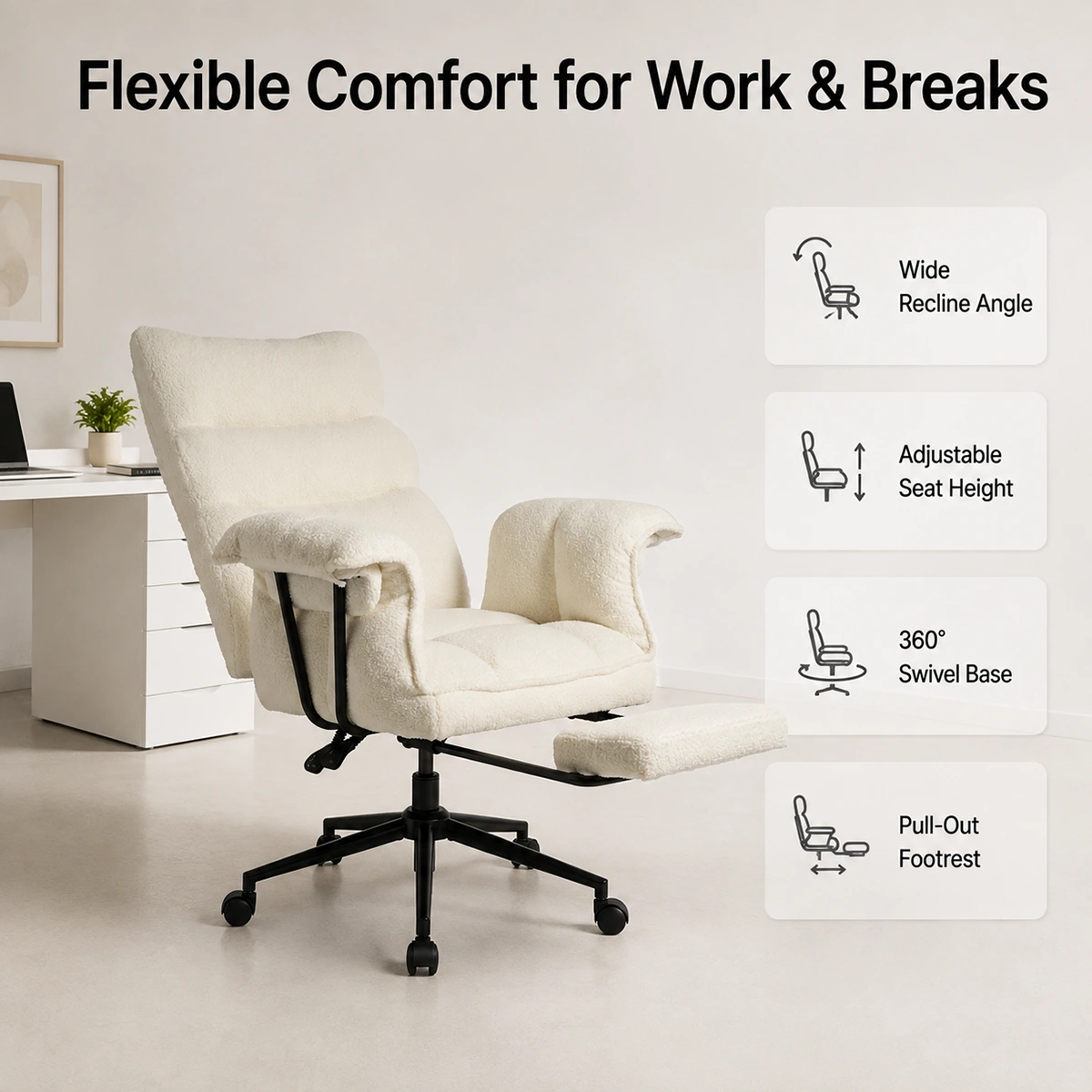 Sherpa Fabric Ergonomic Office Chair with Footrest Sherpa Fabric Ergonomic Office Chair with Footrest