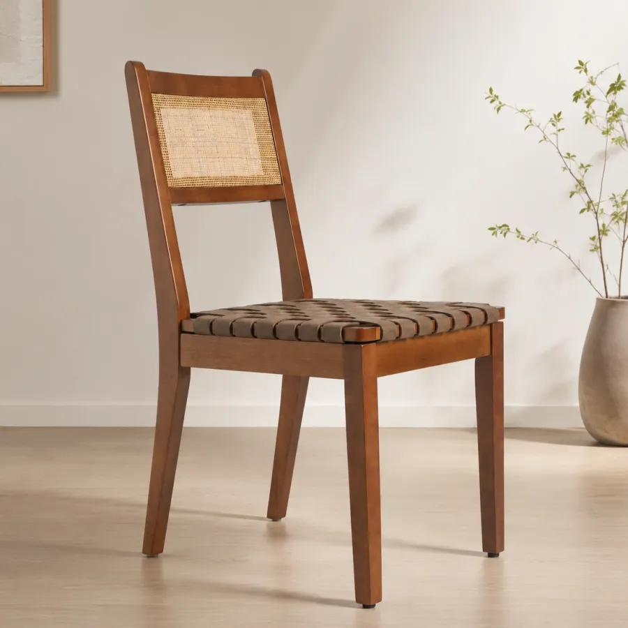 Solid Wood Rattan Dining Chair with Hand-Woven PU Seat