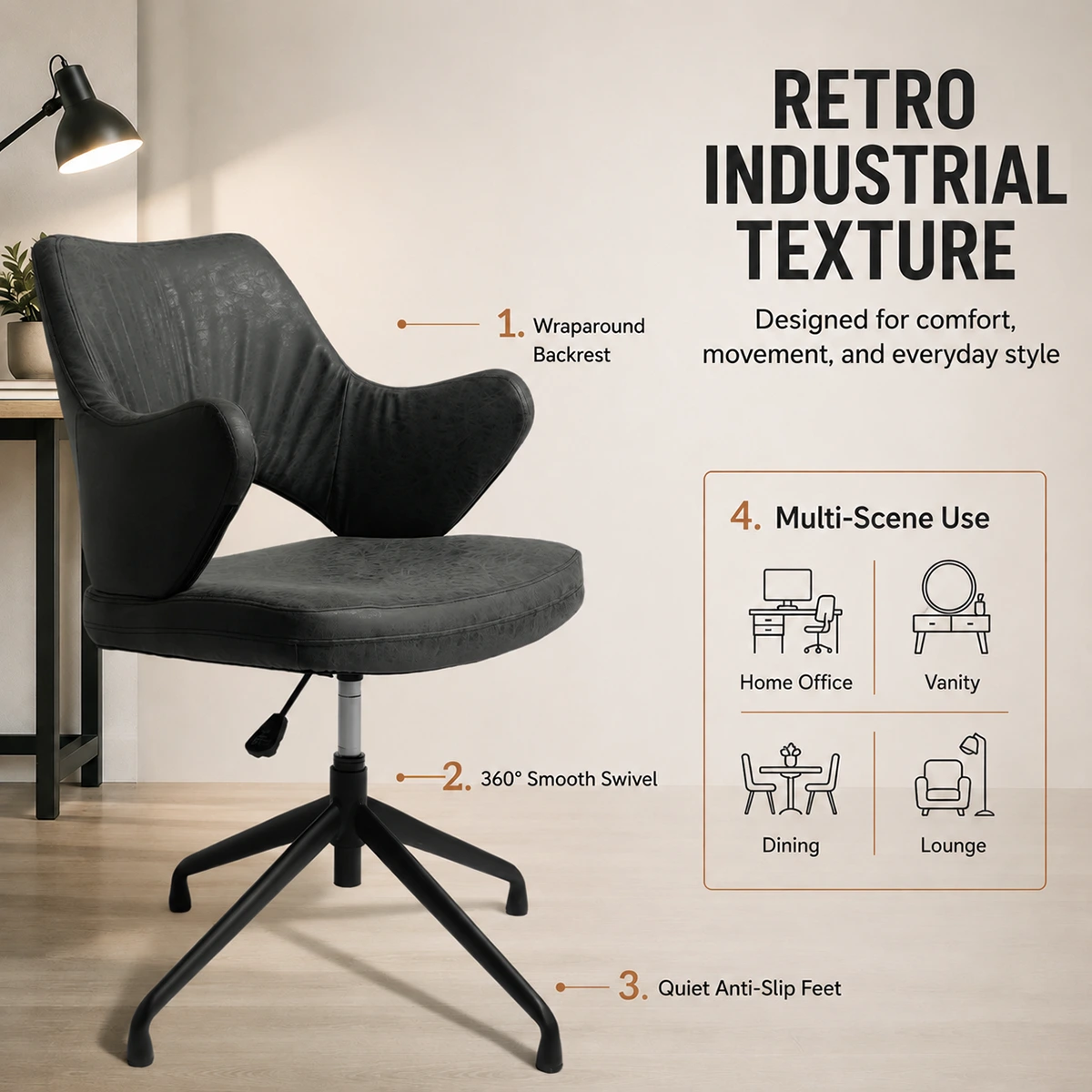 Vintage Faux Leather Home Office Chair with Swivel Base Vintage Faux Leather Home Office Chair with Swivel Base